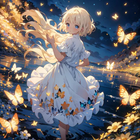 Feature a carefree girl in a windswept field of flowers, surrounded by glowing butterflies. Stars illuminate the sky, and the sun casts a warm glow. Add bokeh for a dreamy touch. distant view, starlight, butterflies, masterpiece, best quality,HDR.UHD.4K,8K...