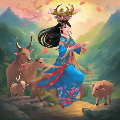 The Zhuang girl and the villagers came to Niujiao Mountain，Offering gratitude and offerings to the god of the ox king。They sing、dance