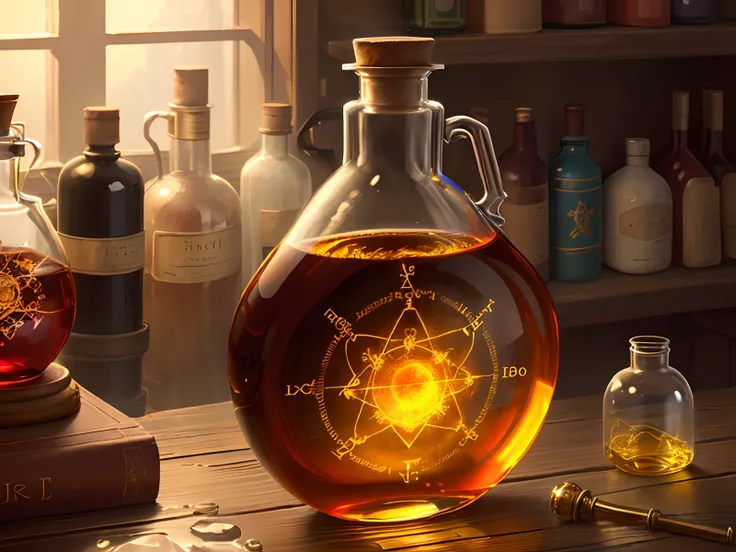 an alchemical flask with a atom engraved on it