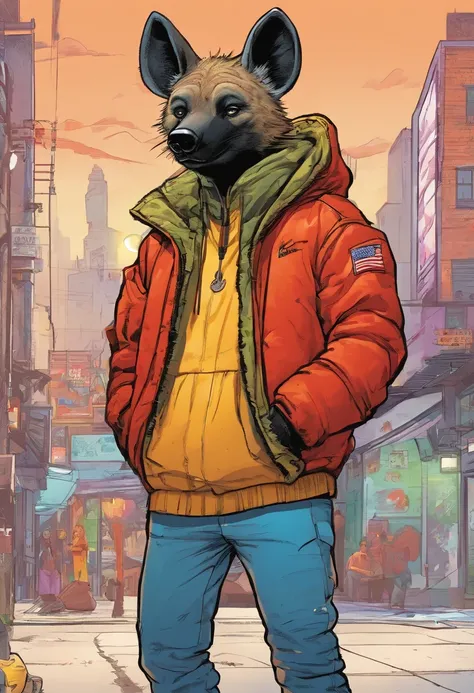 American comics. Male anthropomorphic hyena wearing a drip puffer jacket and black air force 1s