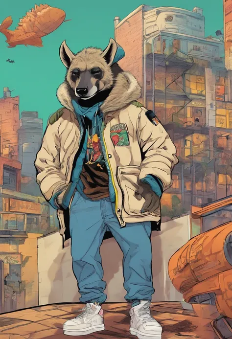 American comics. Male anthropomorphic hyena wearing a drip puffer jacket and black air force 1s