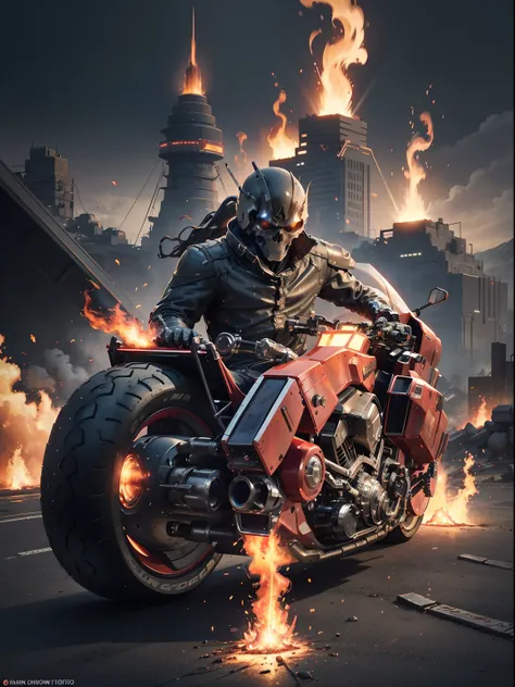 (Official Art, Unity 8K Wallpaper, Ultra-detailed, Beautiful, Masterpiece, Best Quality, 1.4x Realistic), (Superhero Ghost Rider, Skull), eyes sparkling with fire, body wrapped in burning chains, chains and motorcycle made of titanium alloy of future techn...