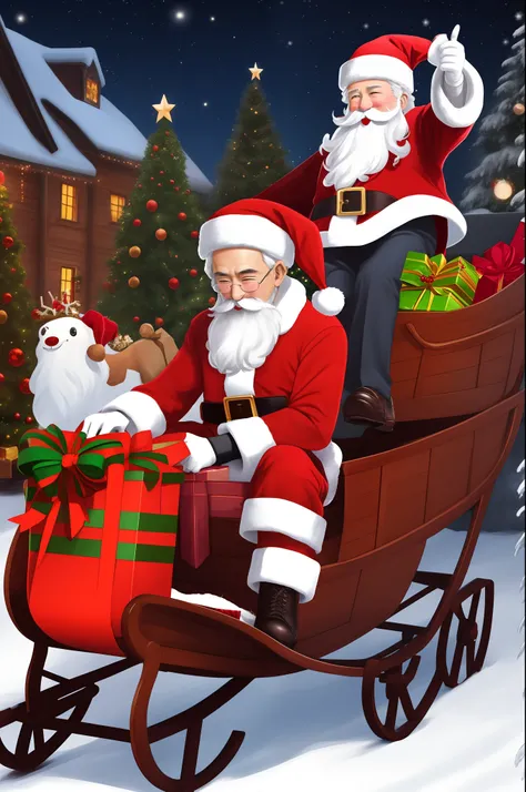 Santa Claus is riding a sleigh。Santa Claus is loading a sleigh full of smartphones as gifts。