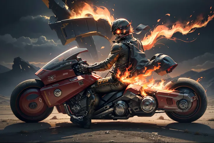 (Official Art, Unity 8K Wallpaper, Ultra-detailed, Beautiful, Masterpiece, Best Quality, 1.4x Realistic), (Superhero Ghost Rider, Skull), eyes sparkling with fire, body wrapped in burning chains, chains and motorcycle made of titanium alloy of future techn...