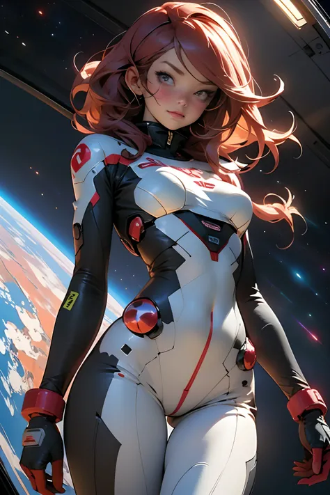 sandy hair fit body large breasts slender thighs slender waist pilot suit solo looking at viewer in space long hair blushing determination, 8k, extreme detail,