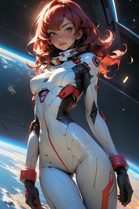 sandy hair fit body large breasts slender thighs slender waist pilot suit solo looking at viewer in space long hair blushing determination, 8k, extreme detail,