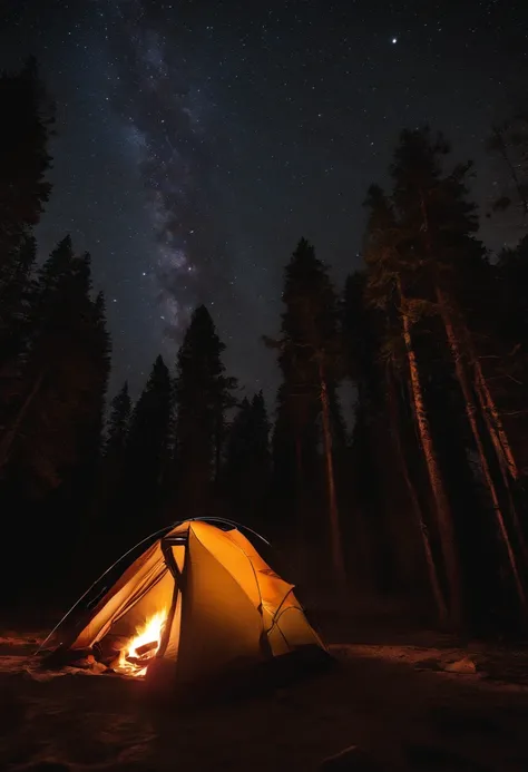 Tent, camping, stars, beautiful galaxy sky, camp fire roaring with gear laying outside of tent, high definition image