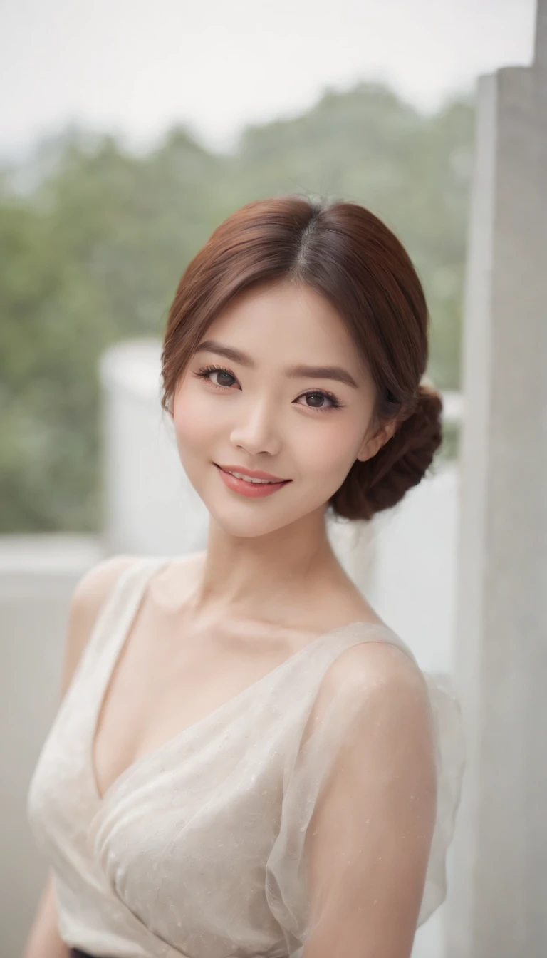 japanes, Beautiful woman like an actress、slim proportions、Soft light, Clear face, cheerfulness, Cheerful big, Smiling, Warm light, ((Off-white gradient background)), (Background)). ((Gray wall background)) , (Bob Cut Hair), Smile,  ,Skirt that wraps hips、E...