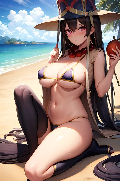 Photo of xuangzang sanzang, brown hair, long hair, (purple eyes:1.1), bead necklace, beads, bikini, earrings, foreshortening, gourd, hat, jewelry, necklace, strap gap, swimsuit, underboob, on a sunny beach, (light skin), (sweating) ,(beautiful scenery),(pe...