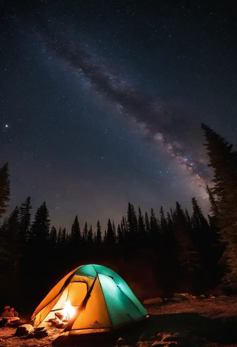 Tent, camping, stars, beautiful galaxy sky, camp fire roaring with gear laying outside of tent, high definition image