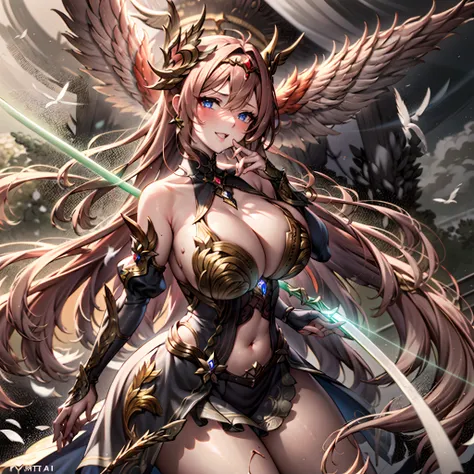 Quality over 8K, a female angel,Sexy,Long Blonde Hair,Anime,Goddess,Symmetrical blue eyes,Ultra detailed eyes,Transparent lingerie,forest,Sword,golden wings,Full body,hyperdetailed lips, hyperdetailed face, Double eyelids, Ultra Detailed feet,で,Beautiful l...