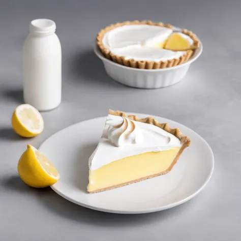 Close-up of the kitchen countertop，Lemon meringue pie，cutting board，Blander，Egg shells，Glass bowl with egg whites，whipped cream，lemons，Official product photo, smooth clean surfaces, an award winning masterpiece, professional food photography, highly detail...