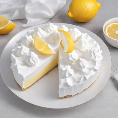 Close-up of the kitchen countertop，Lemon meringue pie，cutting board，Blander，Egg shells，Glass bowl with egg whites，whipped cream，lemons，Official product photo, smooth clean surfaces, an award winning masterpiece, professional food photography, highly detail...