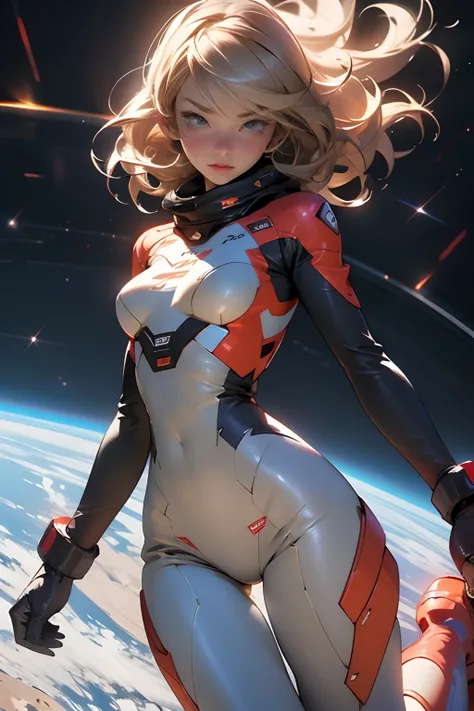 sandy hair fit body large breasts slender thighs slender waist pilot suit solo looking at viewer in space long hair blushing determination, 8k, extreme detail,