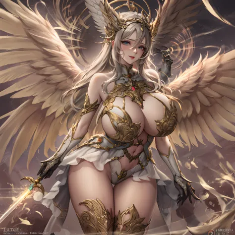 Quality over 8K, a female angel,Sexy,Long Blonde Hair,Anime,Goddess,Symmetrical blue eyes,Ultra detailed eyes,Transparent lingerie,forest,Sword,golden wings,Full body,hyperdetailed lips, hyperdetailed face, Double eyelids, Ultra Detailed feet,で,Beautiful l...