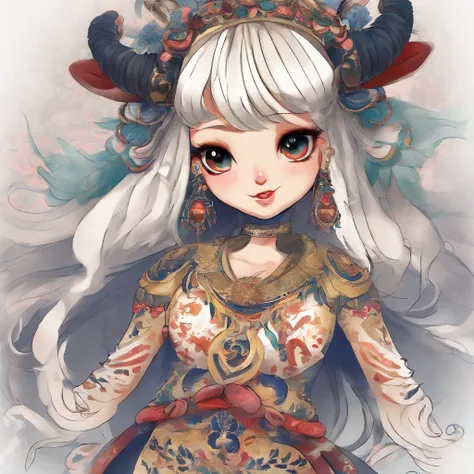 A Zhuang girl，Black hair，with a round face，largeeyes，The mouth smiles，A bull king god，tan hair，There is a pair of horns on the head，Stand with the Zhuang girl