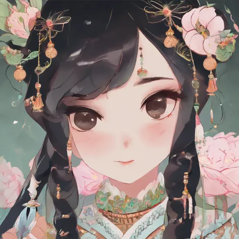 A Zhuang girl，Black hair，with a round face，largeeyes，The mouth smiles，A bull king god，tan hair，There is a pair of horns on the head，Stand with the Zhuang girl