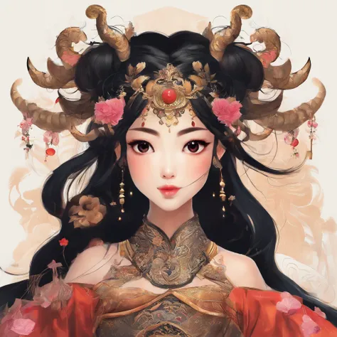 A Zhuang girl，Black hair，with a round face，largeeyes，The mouth smiles，The god of the bull king，tan hair，There is a pair of horns on the head，Stand with the Zhuang girl