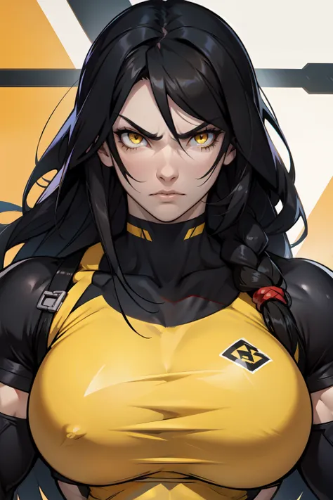 1 girl huge breasts black hair yellow eyes pale skin very long hair angry (((muscular)))