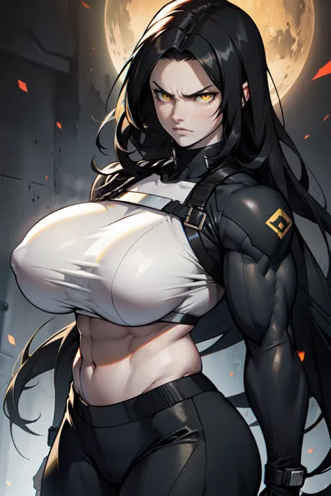 1 girl huge breasts black hair yellow eyes pale skin very long hair angry (((muscular)))