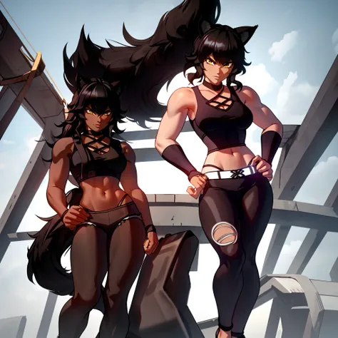 muscular ebony skinned blake belladonna, long black hair with cat ears, having a saiyan monkey tail, wearing an open white jacke...