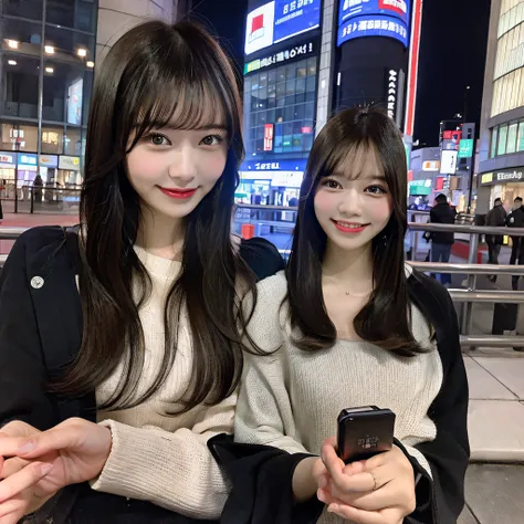 Girl looking at her smartphone、１name、The city of Shibuya at night、masutepiece, Best Quality, Ultra-detailed, Illustration, (clear outlines), 1girl in, (Talking on your smartphone:1.5),(Handling_smart_phone, smart_phone:1.2),Smile,