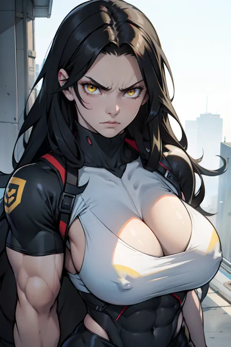 1 girl huge breasts black hair yellow eyes pale skin very long hair angry (((muscular)))