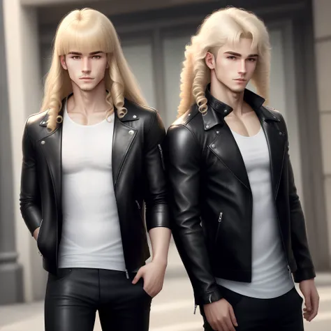 create a male character wearing a translucent white shirt under a leather jacket with long blond curly hair and bangs