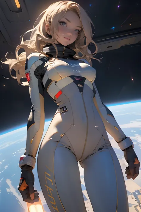 sandy hair fit body large breasts slender thighs slender waist pilot suit solo looking at viewer in space long hair blushing determination, 8k, extreme detail,