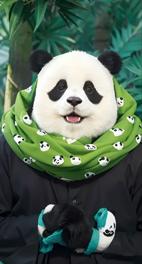 Real life adaption of this character, realistic adult cute panda,looking to viewer,realistic same fur,realistic jungle with many grass background, hyper realistic, realistic light, realistic shadow, realism,(photorealistic:1.2), (realistic same green scarf...