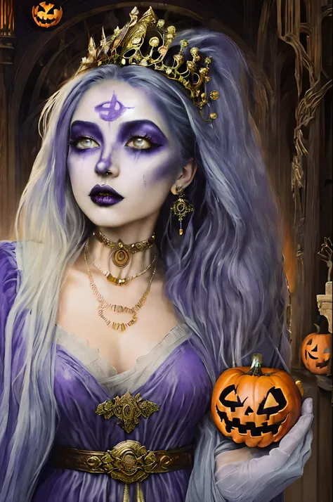 (Photograph of a Celtic witch standing on a Halloween bat in a castle), (Clear and perfect facial features,) ，（green-eyed：1.37），（Open your mouth wide）Medieval European purple dress, Belted top, Cloak, mitts, Smooth or textured fabrics, Silk, Velvet or leat...