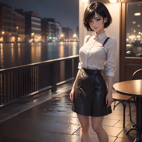 (8K, Best Quality, masutepiece:1.2), (Realistic, Photorealsitic:1.37), Ultra-detailed,((( 1 girl))),Solo,Beautiful detailed sky,Detailed Cafe,Night,Sitting,Dating,(nose blush),(Smile:1.15),(Closed mouth) Small breasts,very skinny legs,Beautiful detailed ey...