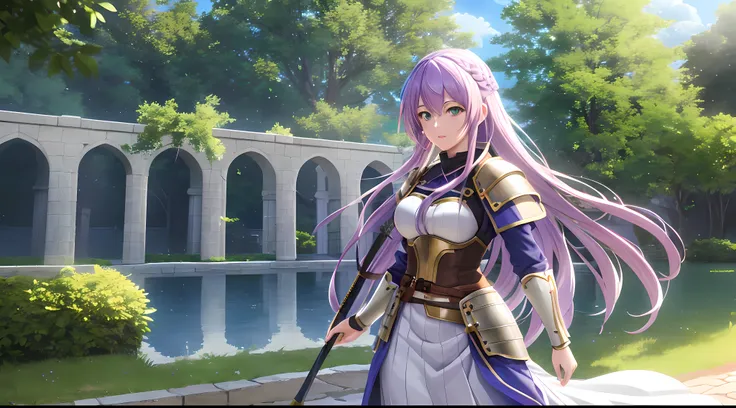 Athena with plain long light purple hair,hair between eyes,green eyes,rosy cheeks,full lips,thin eyebrows,slender body,wearing medieval knight armor and full long skirt,cute anime girl,full body,castle rooftop in background,anime style,Lumen Reflections,Sc...