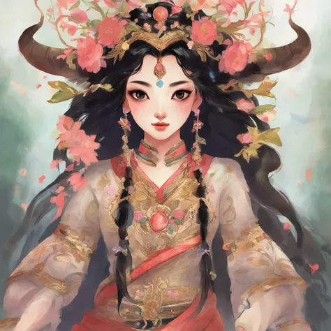 A Zhuang girl，Black hair，with a round face，largeeyes，and the story of a bull king god