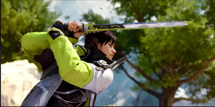 a close up of a person holding a sword in a video game, makoto shinkai ( apex legends ), in style of apex legends, apex legends character, apex legends, spellbreak, apex legends armor, loba andrade from apex legends, guilty gear strive graphics, glaive, fi...