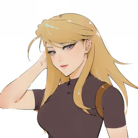 blond woman with long hair and brown shirt looking at camera, blonde anime girl with long hair, female anime character, anime style character, anime girl with long hair, cel - shaded art style, in an anime style, flat anime style shading, with long blond h...