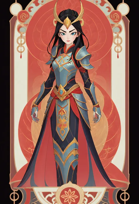 1 mulan, armor, full body standing painting, (((独奏))), clear facial features, simple line design, ((tarot card background, symme...