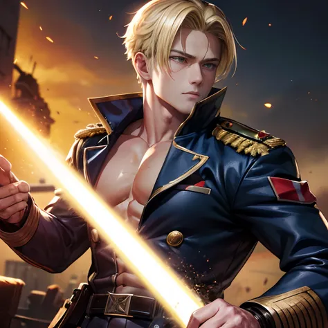 (masutepiece, Best Quality, super detailed, Best Shadows), (Detailed background,) SF Liberator Captain Blonde Young Strong Confident Health Strong Man in Military Uniform