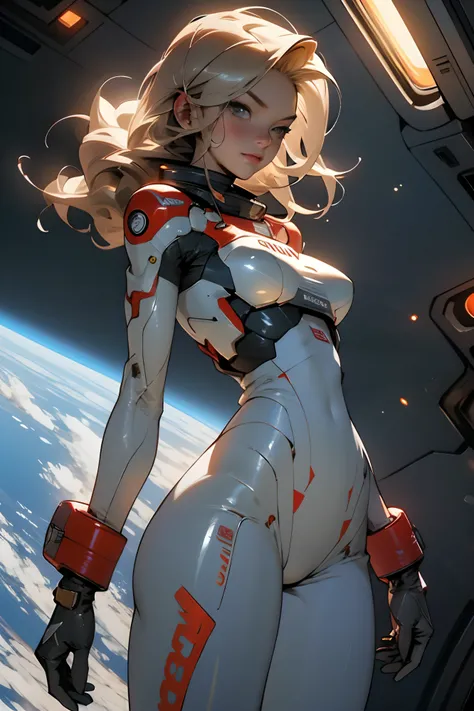 rear view, sandy hair, fit body, large breasts, slender thighs, slender waist, pilot suit, solo,turned back to look at viewer, in space long hair, blushing, slight smile, 8k, extreme detail, sharp detail on face, beautiful face,