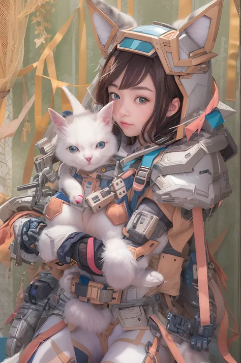 1 supercute girl in kitty wear a origami gundam armor,fur