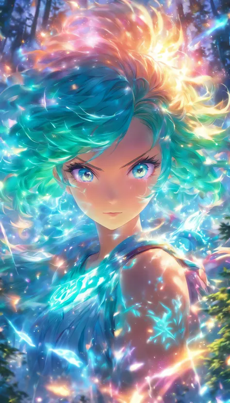 femele，Turquoise eyes glow,rainbow colour hair,Cast luminous spells,mystical forest,illustration,Enchanting atmosphere,Vibrant colors,Soft lighting