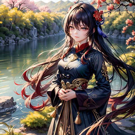 (highres, realistic:1.37), hu tao, a beautiful and delicate girl with stunning detailed eyes, mesmerizing dark purple hair flowing in the wind, and a mysterious smile. She is wearing her iconic dark and elegant outfit, adorned with golden accents. The scen...