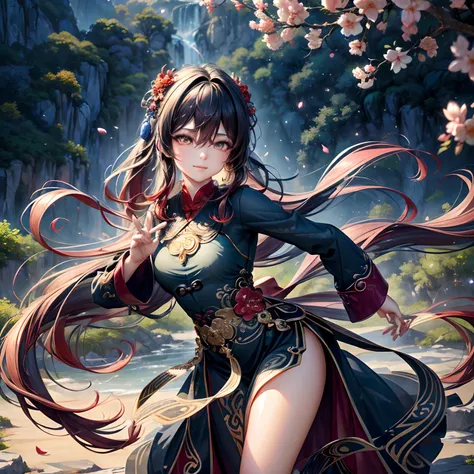 (highres, realistic:1.37), hu tao, a beautiful and delicate girl with stunning detailed eyes, mesmerizing dark purple hair flowing in the wind, and a mysterious smile. She is wearing her iconic dark and elegant outfit, adorned with golden accents. The scen...