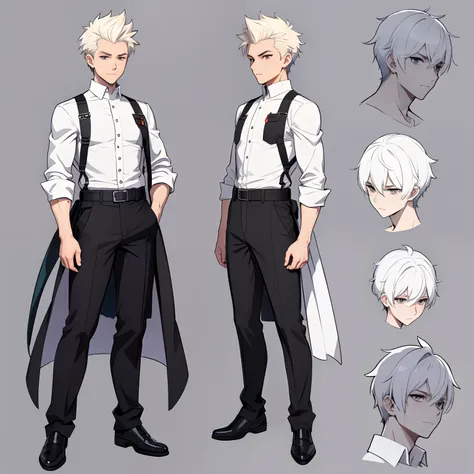 (character sheet:1.2),a 20 old boy , highlighted fauxhawk hair,wearing white shirt,line art, character sheet detailed ,anime stu...