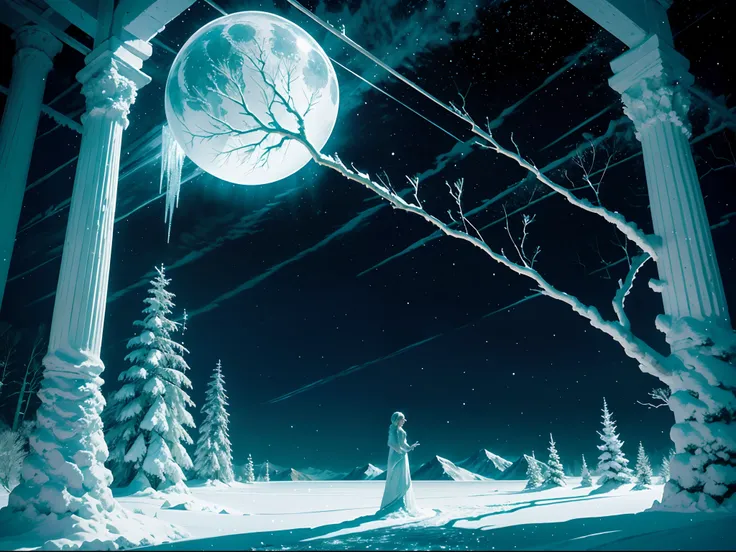 rime ice, moonlight, snowy mountains, frozen branches, shimmering crystals, tranquil stillness, ethereal glow, cold beauty, lunar glow, silver shadows, mystical atmosphere, winter wonderland, frozen landscape, delicate icicles, glistening snow, crisp air, ...