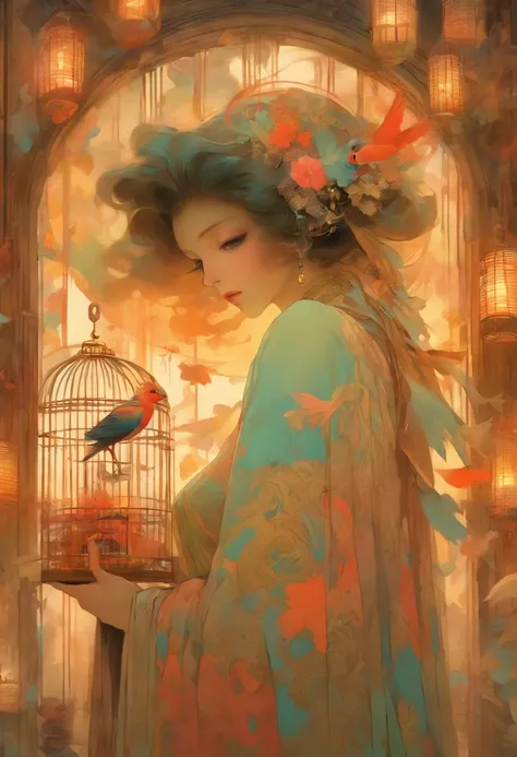 There is a drawing of a woman holding a bird in a cage, Inspired by Mathieu Le Nan, Highly conceptual figurative art, inspired by Stevan Dohanos, Inspired by Carlo Mense, tom bagshaw style, adrian borda, by Mathieu Le Nan, inspired by Esao Andrews, Inspire...