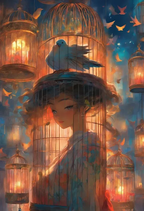 There is a drawing of a woman holding a bird in a cage, Inspired by Mathieu Le Nan, Highly conceptual figurative art, inspired by Stevan Dohanos, Inspired by Carlo Mense, tom bagshaw style, adrian borda, by Mathieu Le Nan, inspired by Esao Andrews, Inspire...