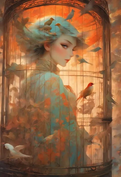 There is a drawing of a woman holding a bird in a cage, Inspired by Mathieu Le Nan, Highly conceptual figurative art, inspired by Stevan Dohanos, Inspired by Carlo Mense, tom bagshaw style, adrian borda, by Mathieu Le Nan, inspired by Esao Andrews, Inspire...