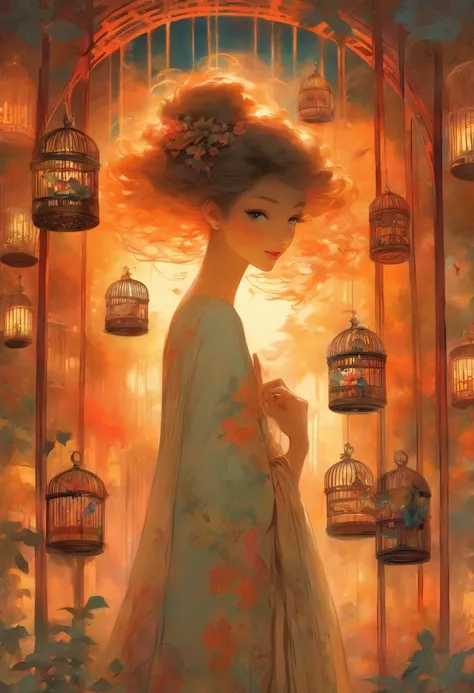 There is a drawing of a woman holding a bird in a cage, Inspired by Mathieu Le Nan, Highly conceptual figurative art, inspired by Stevan Dohanos, Inspired by Carlo Mense, tom bagshaw style, adrian borda, by Mathieu Le Nan, inspired by Esao Andrews, Inspire...