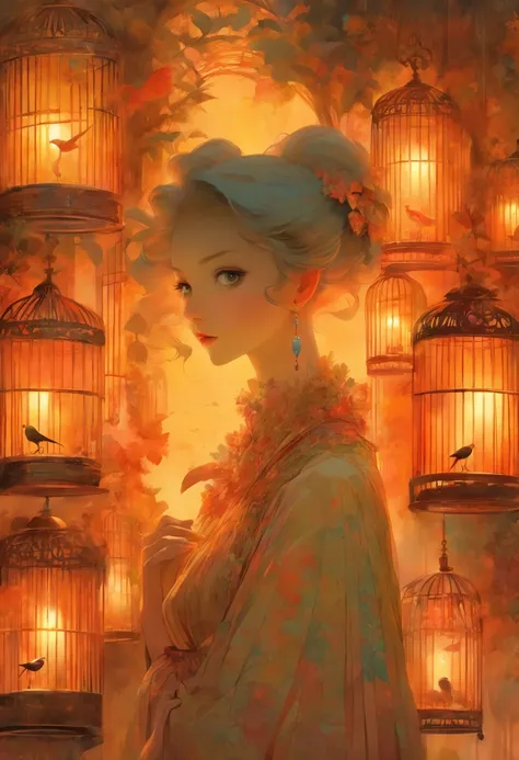 There is a drawing of a woman holding a bird in a cage, Inspired by Mathieu Le Nan, Highly conceptual figurative art, inspired by Stevan Dohanos, Inspired by Carlo Mense, tom bagshaw style, adrian borda, by Mathieu Le Nan, inspired by Esao Andrews, Inspire...